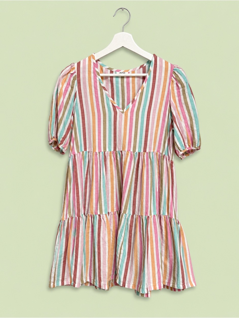Striped V-Neck Women’s Mini Dress in Pink, Teal, Yellow, Brown, Cream